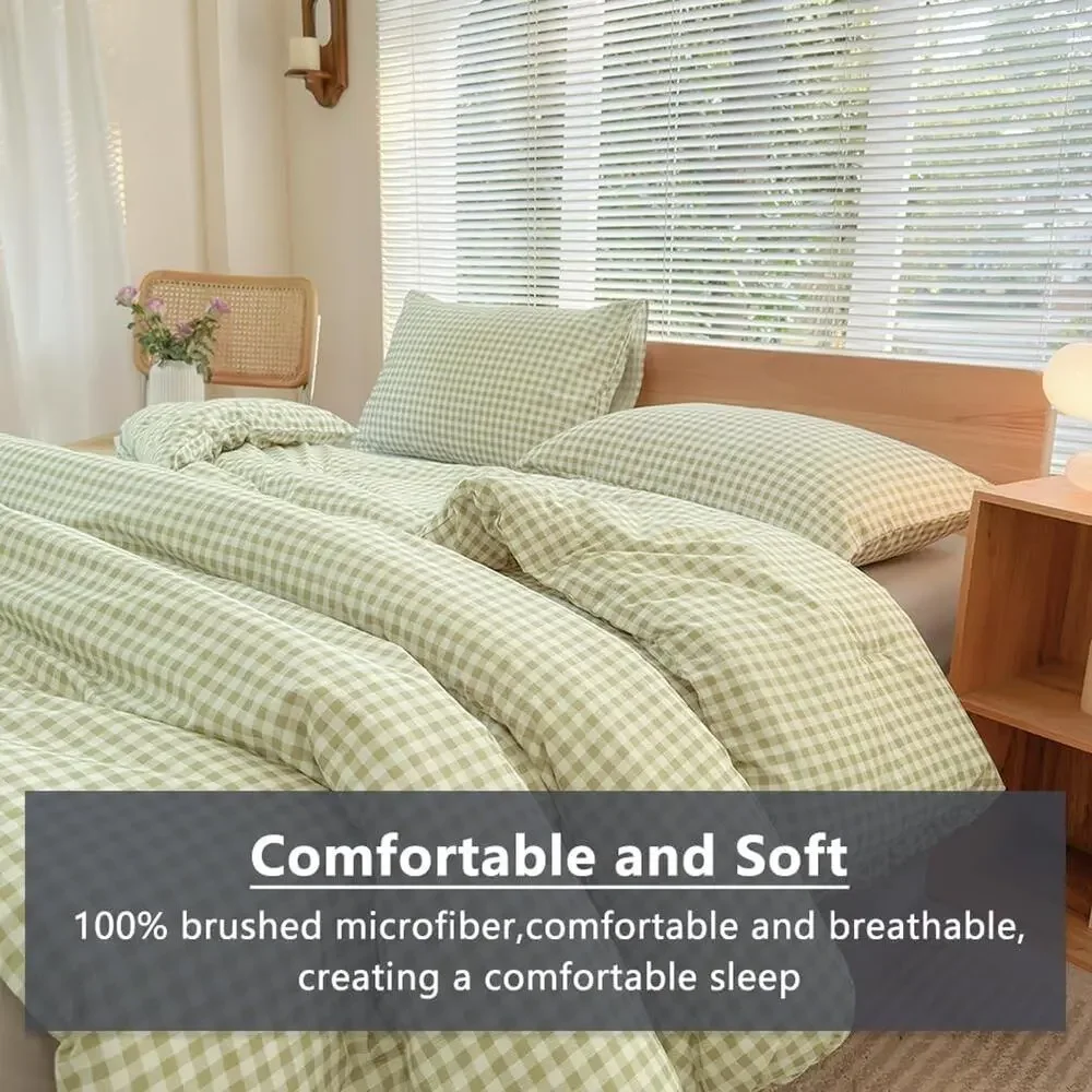 Twin Comforter Set, Light Green Gingham Bedding Sets, Blue Grid Bed Comforter